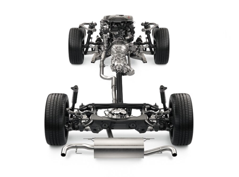 The signature Alfa Romeo carbon fiber driveshaft.